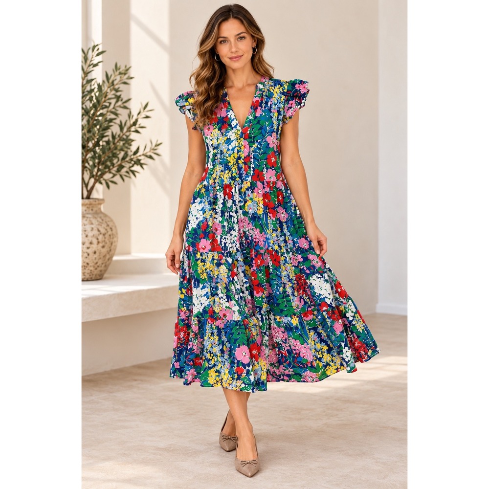 Entro Floral Tiered Midi Dress Size L Navy Multicolor Ruffle Sleeve Cotton
